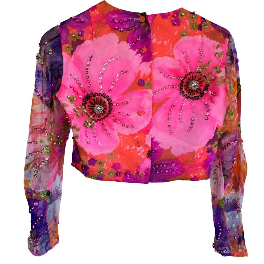 Miss Elliette California Hand-Beaded Floral Crop Blouse Sheer Sleeves Vtg 60s - Picture 2 of 16